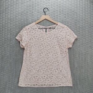 Blush Pink Sheer Lace Floral Short Sleeve Shirt-Old Navy-M